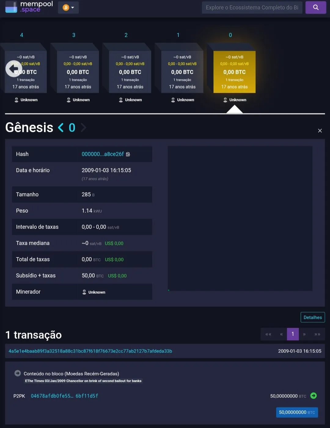 Captura de tela do site mempool.space mostrando o bloco gênesis do Bitcoin