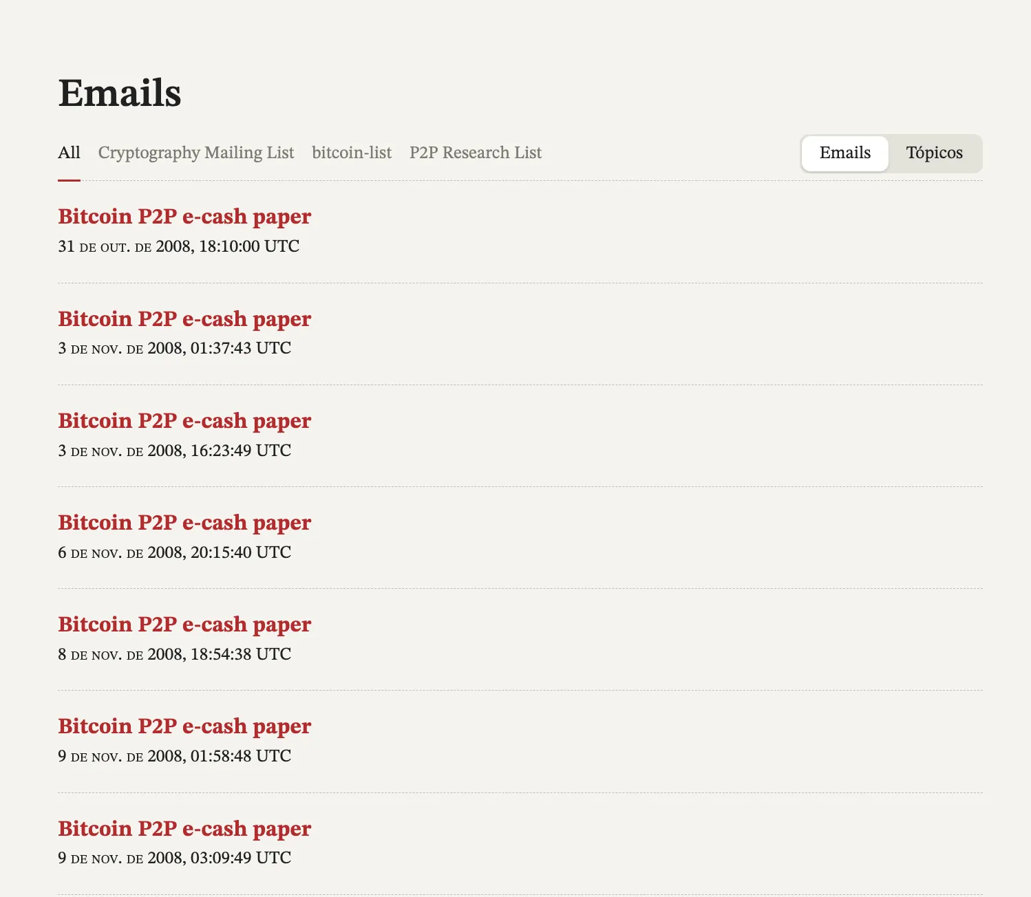 Captura de tela de um e-mail de Satoshi Nakamoto