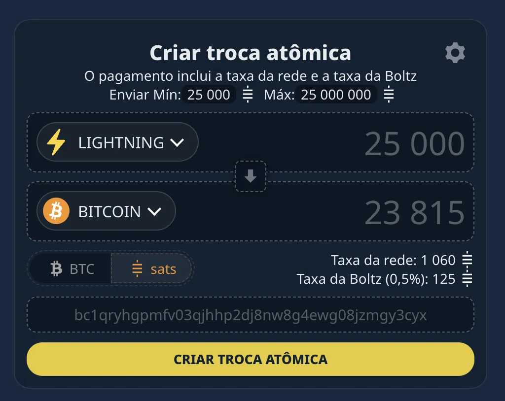 Exemplo de preenchimento no Boltz exchange